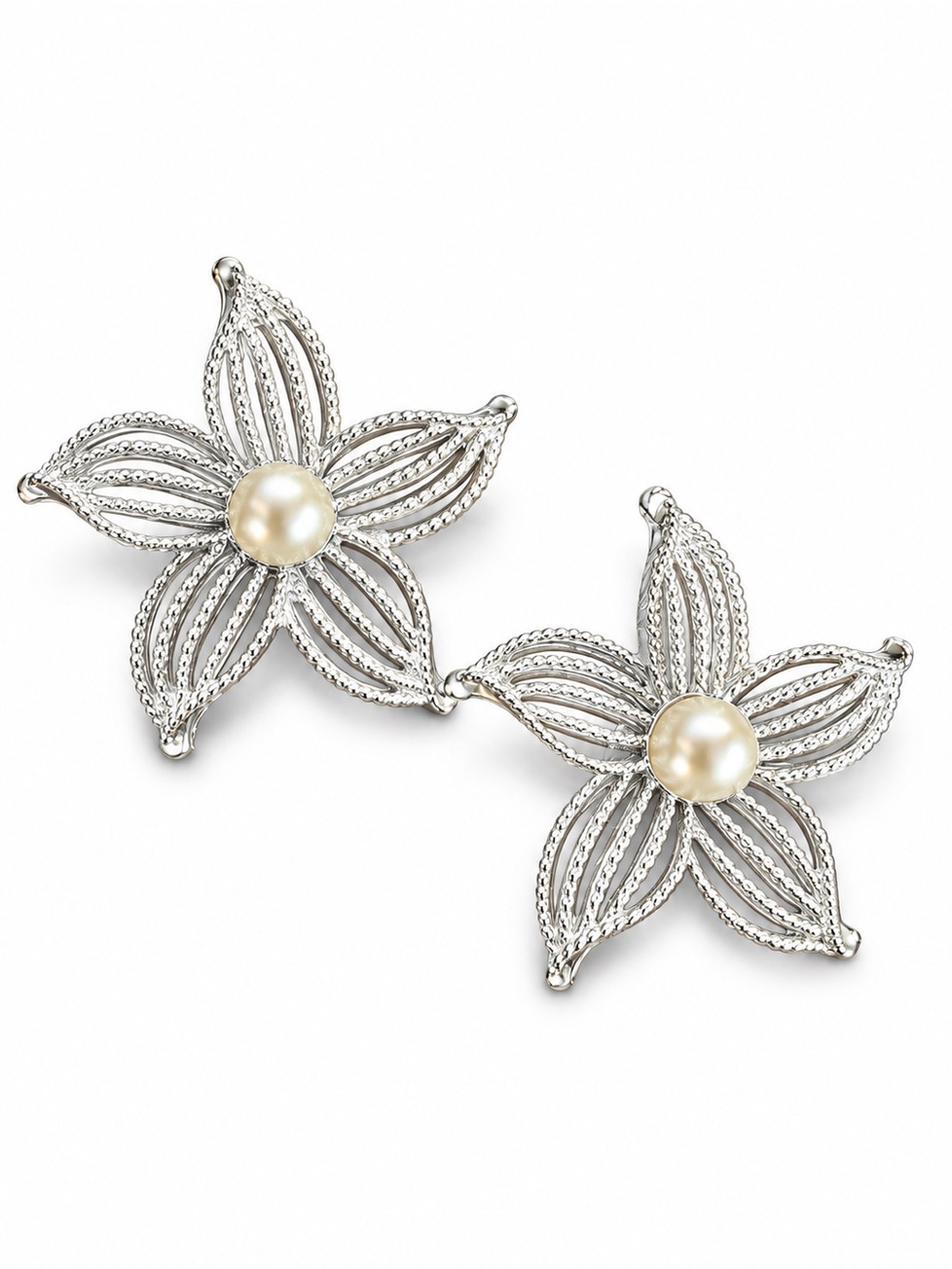 Sarah Coventry Silver Floral Brooches with Cream Pearl Centers